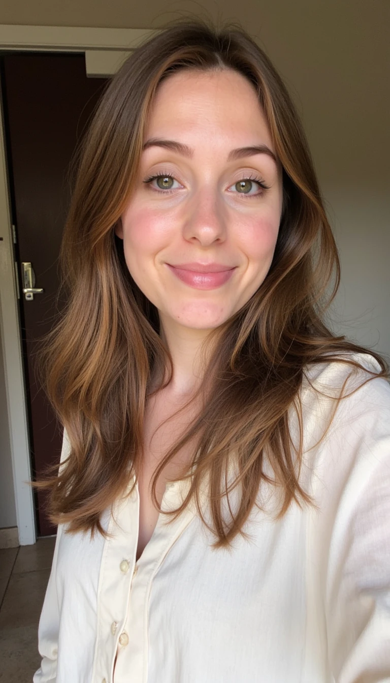 boring low quality snapchat photo circa 2015, finance girl, girl next door, half Dutch half British, light brown hair, blouse