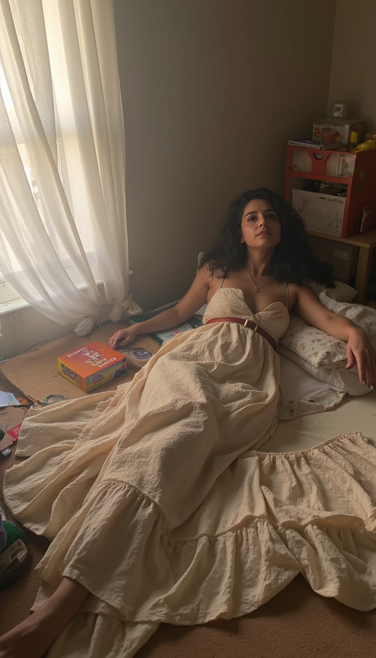 Now with the image you just. Made make another picture that’s a landscape of her laying in those clothes on the bed 