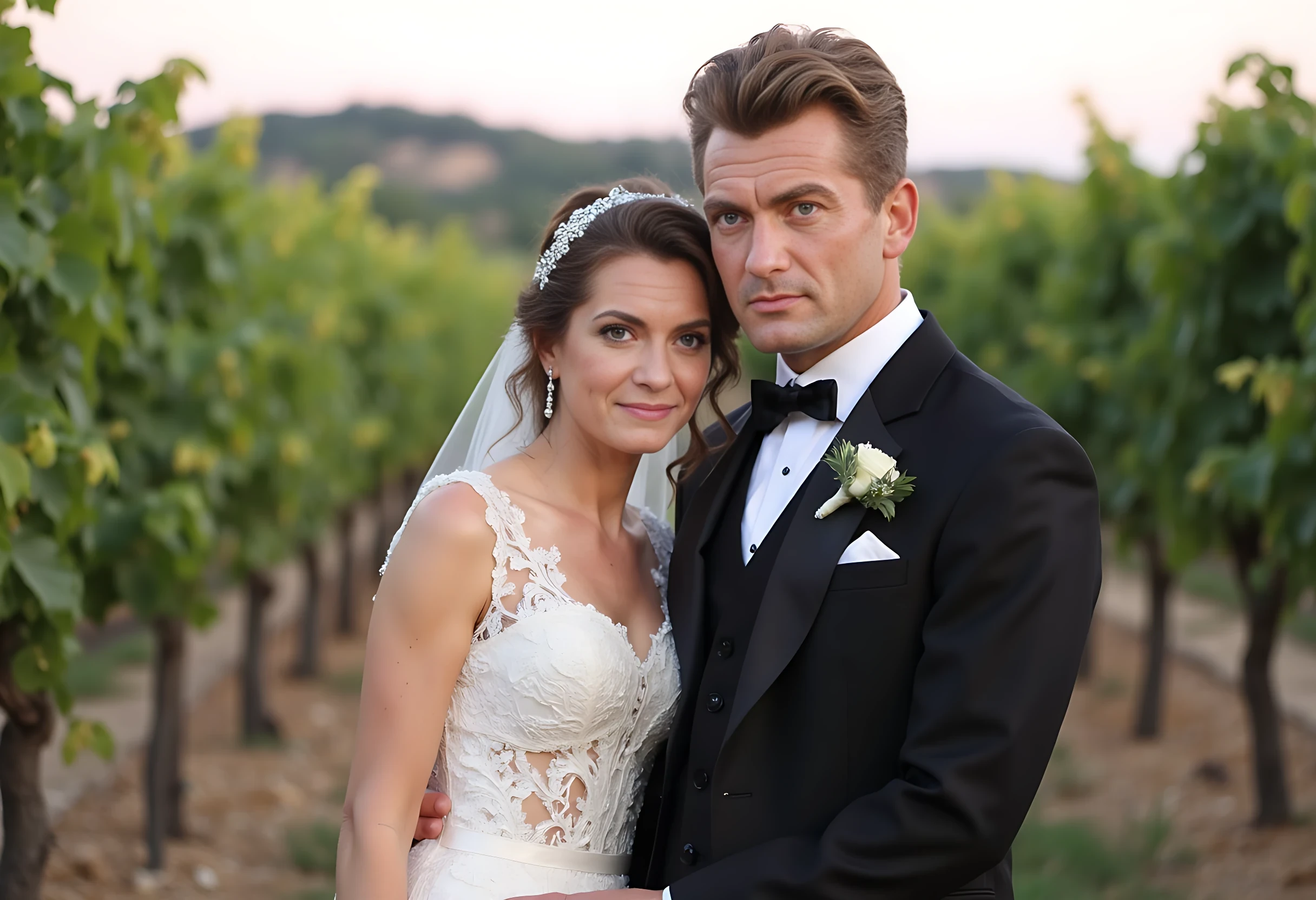 photo of young man CSTMDL. Smiling, short brunette hair. Wears a tuxedo with a beautiful young french brunette girl in a white wedding dress. Scene is in the middle of a wineyard