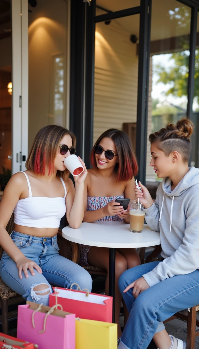 The three friends sitting at a cozy outdoor café table surrounded by shopping bags. The main model, petite with blonde hair streaked black and red, is leaning back in her chair with sunglasses on, sipping iced latte, wearing the same casual jeans and crop top. Her brunette friend in a sundress is laughing while showing something on her phone. The short-haired friend in a hoodie is leaning forward with a smirk, stirring her drink. Mood: relaxed, candid, post-shopping hangout. Camera: lifestyle photography, candid group shot, warm afternoon light, photorealistic detail. CSTMDL 