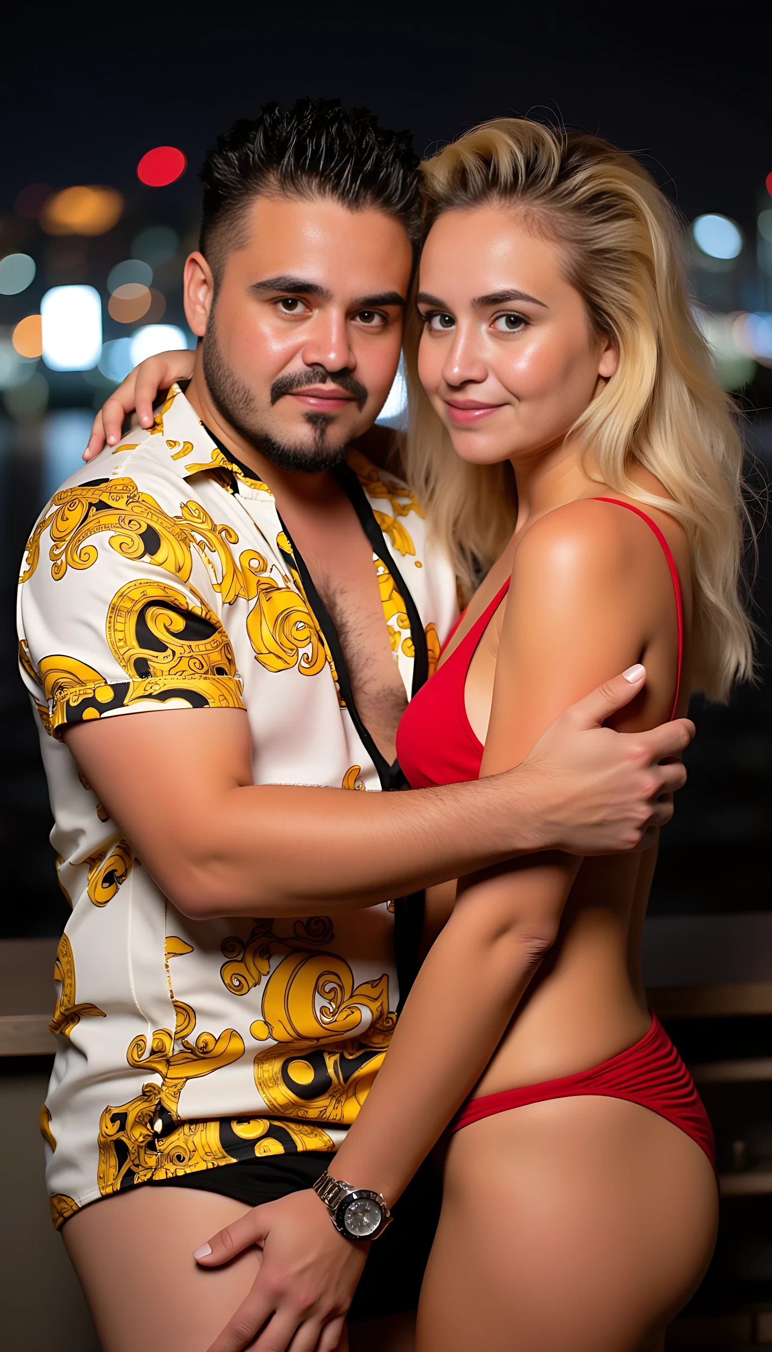 full man body wearing a  white and gold and red  Versace shirt  and a Rolex watch hugging 2 beautiful  blonde woman with blue eyes and curvy body in sexy shorts city lights background 
