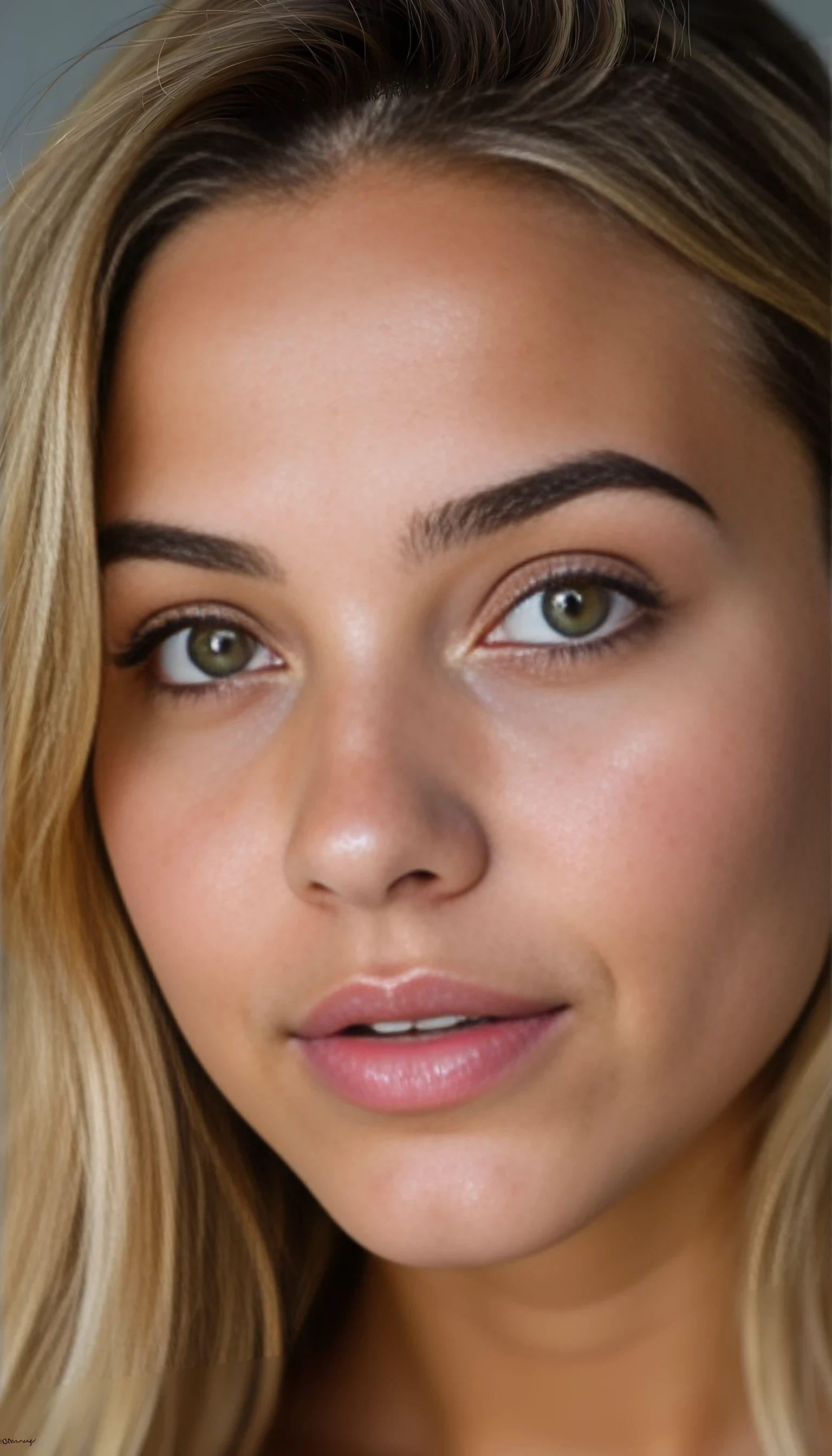 A portrait photo of a beautiful 20 years old young model, mixed ethnicity of half white American half Brazilian, with blonde hair, ultra detailed eyes with sharp iris reflections, slight smile, studio high-quality