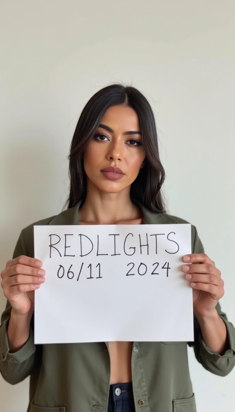 photo of woman CSTMDL, woman holds a sign with handwritten text. She is wearing long sleeves and has neutral makeup. The sign reads "REDLIGHTS" followed by "06/11/2024" in a simple script. The background is a plain, light-colored wall, providing a minimalist and uncluttered setting.