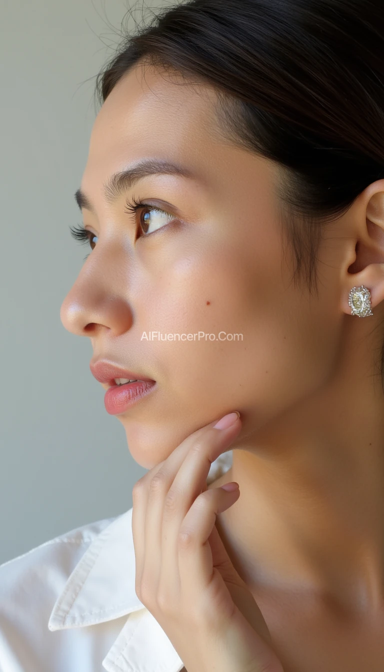 A high-resolution, close-up headshot of a woman with [specific facial features], [hair style and color], in a profile view with a thoughtful expression. The background is a soft, neutral color to keep the focus on her face. The lighting is soft and even, highlighting her features beautifully. Seed: [your chosen seed value].

