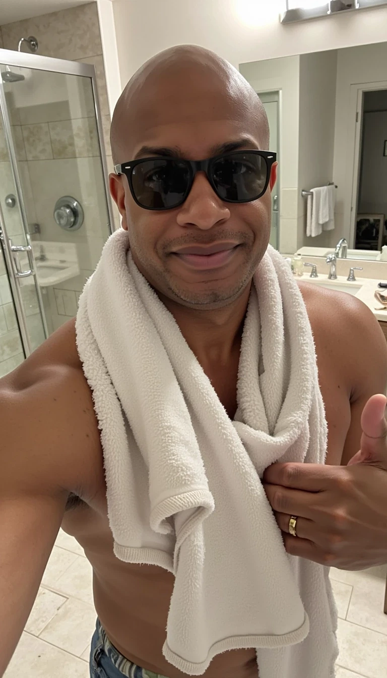 Photorealistic, sunglasses, towel wrapped around lower body, huge $1M bathroom,California , bald and younger look of Carter, man, cstmdl