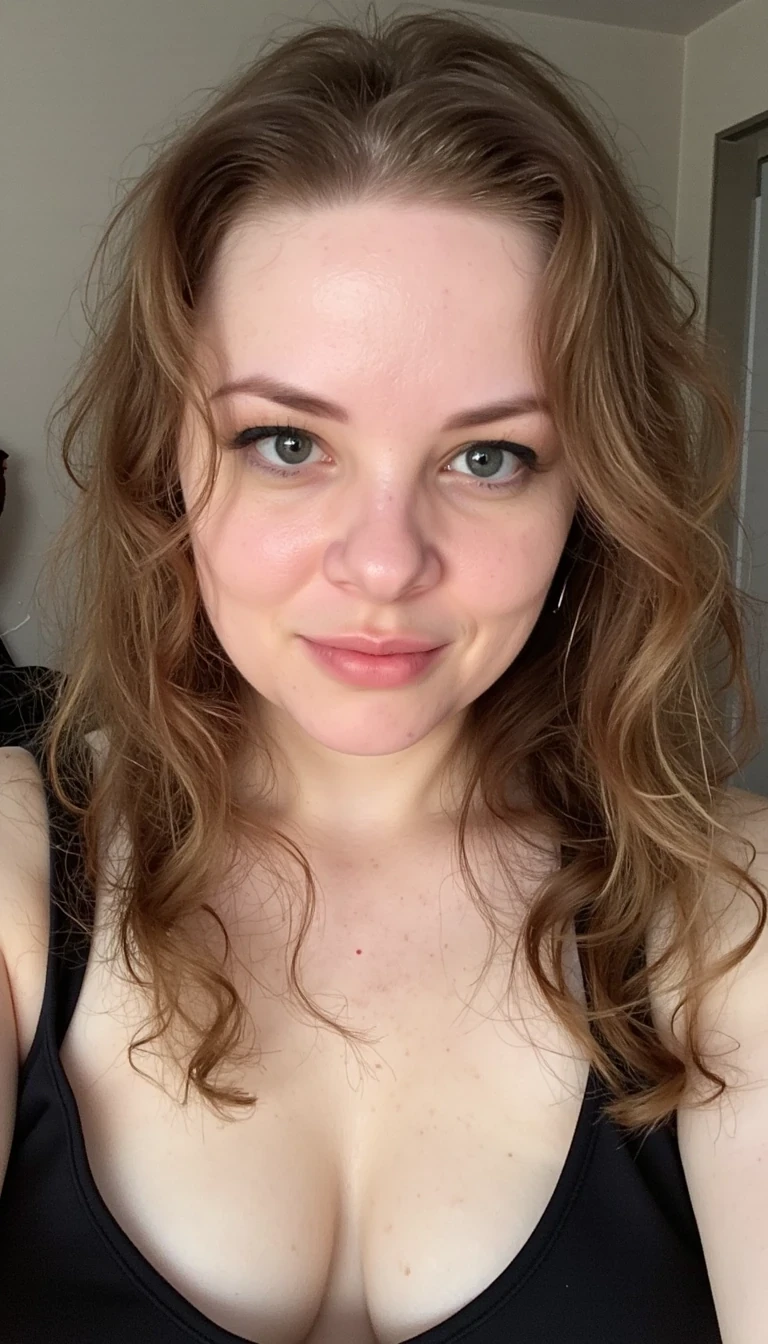 CSTMDL nice portrait with makeup and long lashes, she has long layered wavy hair that is brown with blond highlights and large breasts.  She is 25
