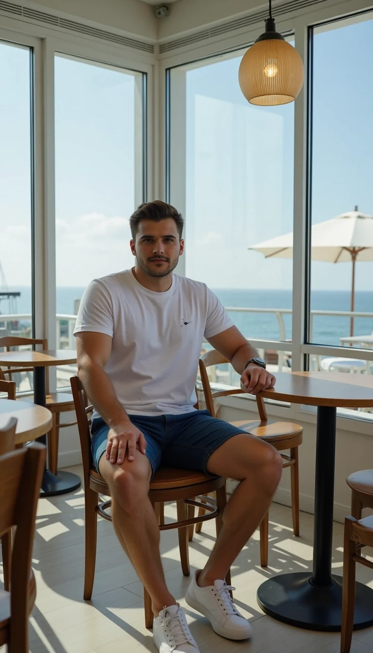 Photorealistic full-body photo of a young handsome man, he wears white t-shirt, blue shorts, white sneakers, he is sitting on chair in modern caffe near the sea
Lifestyle influencer aesthetic, cinematic realism, ultra-detailed, 8K
The photo feels cinematic, influencer-style, high quality, professional composition.
Well lit picture, Style: Photorealistic Lighting: studio lighting 
Details: Bright Lighting, High Detail, 4K
he stand infront of camera , photoghraped by a photograph
