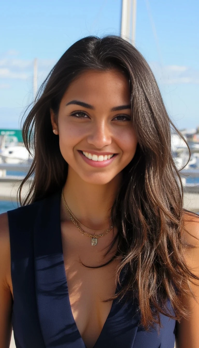 A full body shot of a strikingly beautiful young woman with a warm smile, outside in the sunshine. She has long, wavy dark brown hair cascading to her middle, she has tanned skin. The sunlight casts a gentle glow on her face. She is wearing an elegant navy outfit with a gold necklace. The background shows a marina and blue skies.