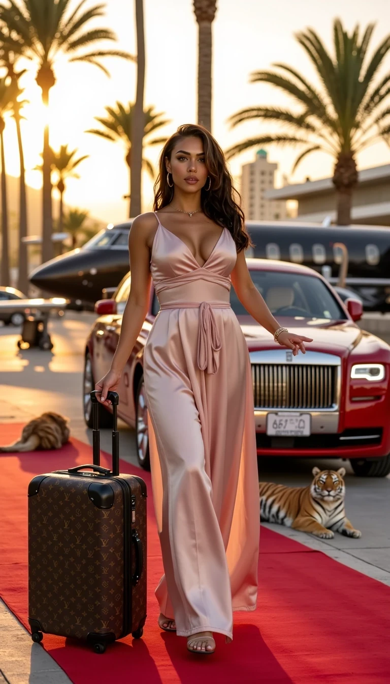 thick, curvy, sexy, showing cleavage/big breast, straight haired 155 lb Alice: A cinematic, photorealistic image of Alice stepping gracefully onto a red carpet beside a sleek red Rolls-Royce Phantom and a black private jet under the golden morning sun. Palm trees line the tarmac, their leaves gently swaying in the breeze, framing the luxurious scene. Alice, a confident and elegant woman with bronzed skin, long brunette hair flowing softly, and refined facial features, wears a flowing blush-pink designer gown that catches the light beautifully. She holds a stylish Louis Vuitton travel suitcase, exuding the aura of power, wealth, and effortless sophistication. Pet tiger laying next to the Rolls Royce Phantom. The setting glows with warm sunlight, creating soft reflections on the Rolls-Royce and jet, symbolizing success and high-society glamour. 8k ultra-detailed realism, shot with Sony A7 IV 500mm lens wide screen, luxury travel editorial, cinematic composition, soft golden light, professional fashion photography 



