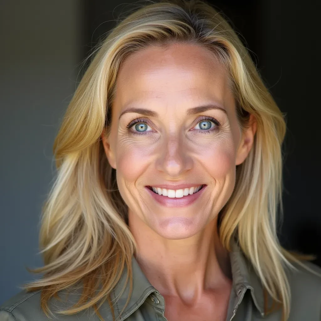 Portrait of a beautiful middle aged woman with blonde hair and blue eyes