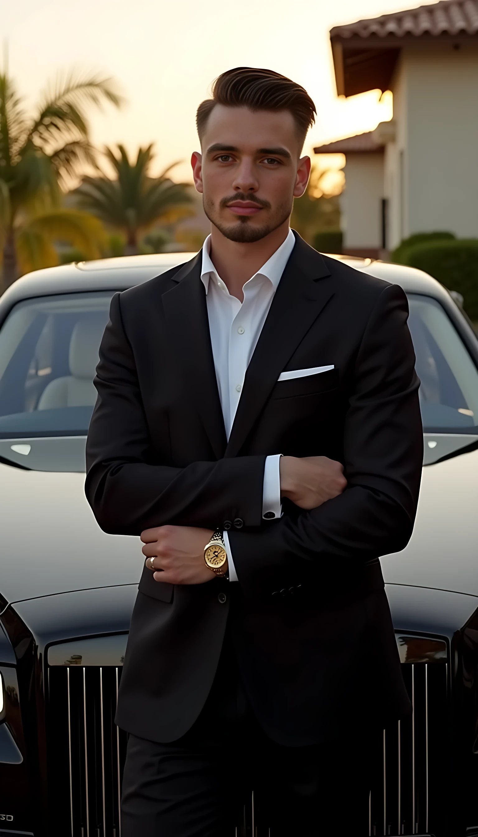 "A photo-realistic image of the Same young man, maintaining his current real-life age and facial features - not younger or older. He is confidently leaning on a black Mansory Rolls-Royce Phantom, wearing a perfectly tailored black suit with a subtle gold bracelet. The photo is taken during golden hour in front of a luxury villa with palm trees, giving off a calm, elegant, and powerful vibe. Shot in natural lighting with soft shadows, styled like a candid iPhone portrait with a premium feel - modern, sharp, authentic."
