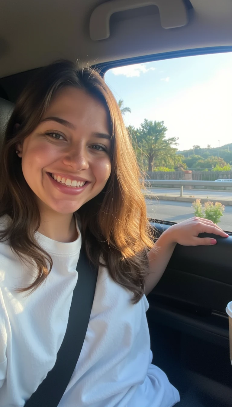 boring low quality snapchat photo circa 2015, A young woman with a warm smile, sitting in the driver's seat of a cozy car. She has soft, wavy brown hair cascading past her shoulders. The sunlight streams through the window, casting a gentle glow on her face. The interior of the car is neat and comfortable, with a coffee cup in the cup holder and a small plant on the dashboard. The background outside the window shows a scenic road lined with trees and blue skies