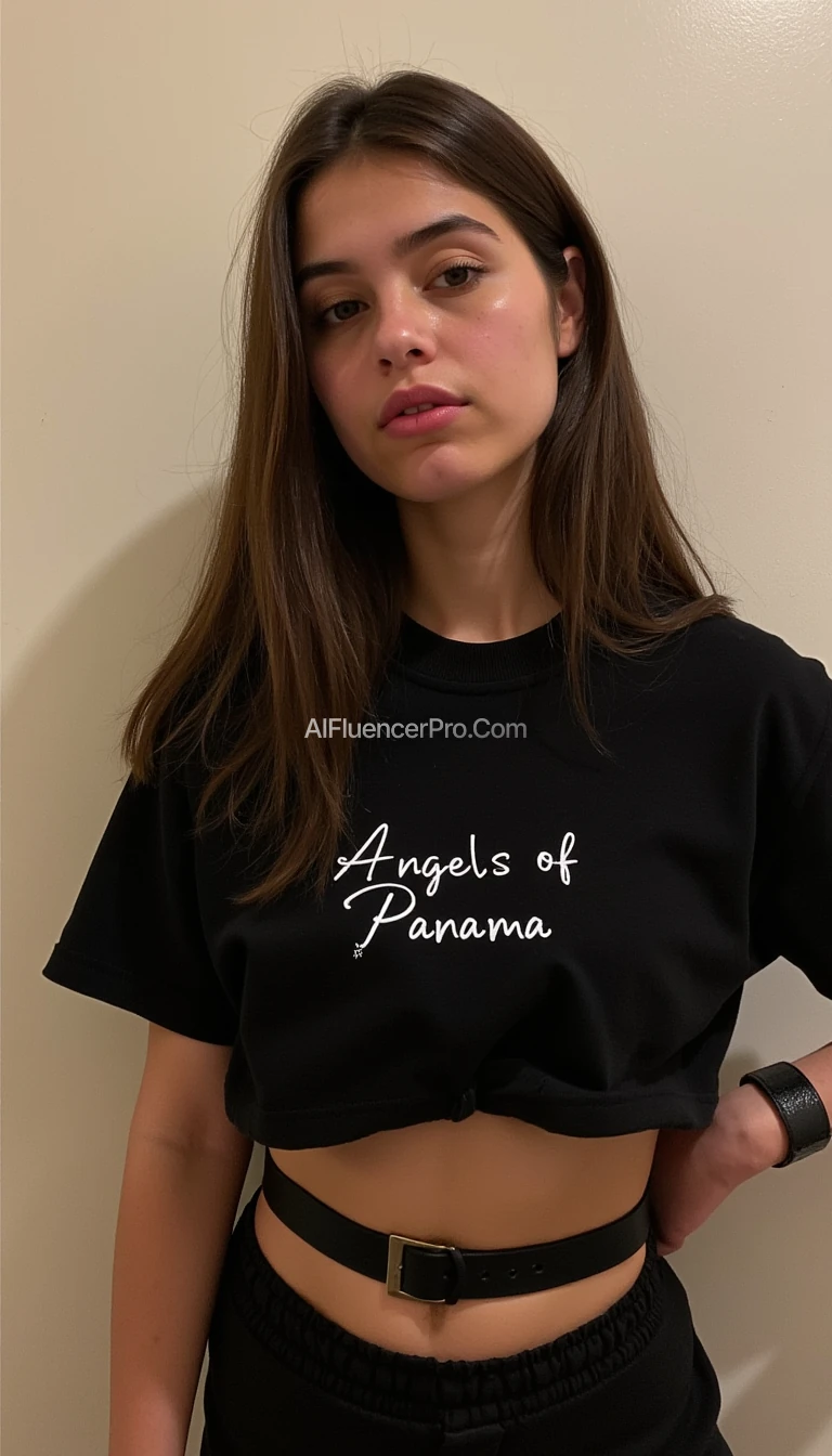 snapchat style picture of girl with thick brown hair wearing a black croptop shirt that says "Angels of Panama" above the chest