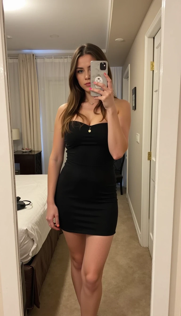 1girl, solo, long hair, breasts, looking at viewer, brown hair, dress, brown eyes, cleavage, holding, bare shoulders, closed mouth, standing, collarbone, thighs, sleeveless, indoors, hand up, bag, necklace, nail polish, stomach, lips, head tilt, fingernails, legs, no bra, bare arms, bare legs, bed, makeup, sleeveless dress, halterneck, short dress, phone, pov, lipstick, crossed legs, cellphone, revealing clothes, breasts apart, facing viewer, smartphone, reflection, eyeshadow, long fingernails, arm at side, legs together, holding phone, pink lips, handbag, mirror, nose, center opening, photo (medium), red lips, selfie, eyeliner, tight, knees, halter dress, taking picture, floor, fashion, ceiling, carpet, fingers, female pov