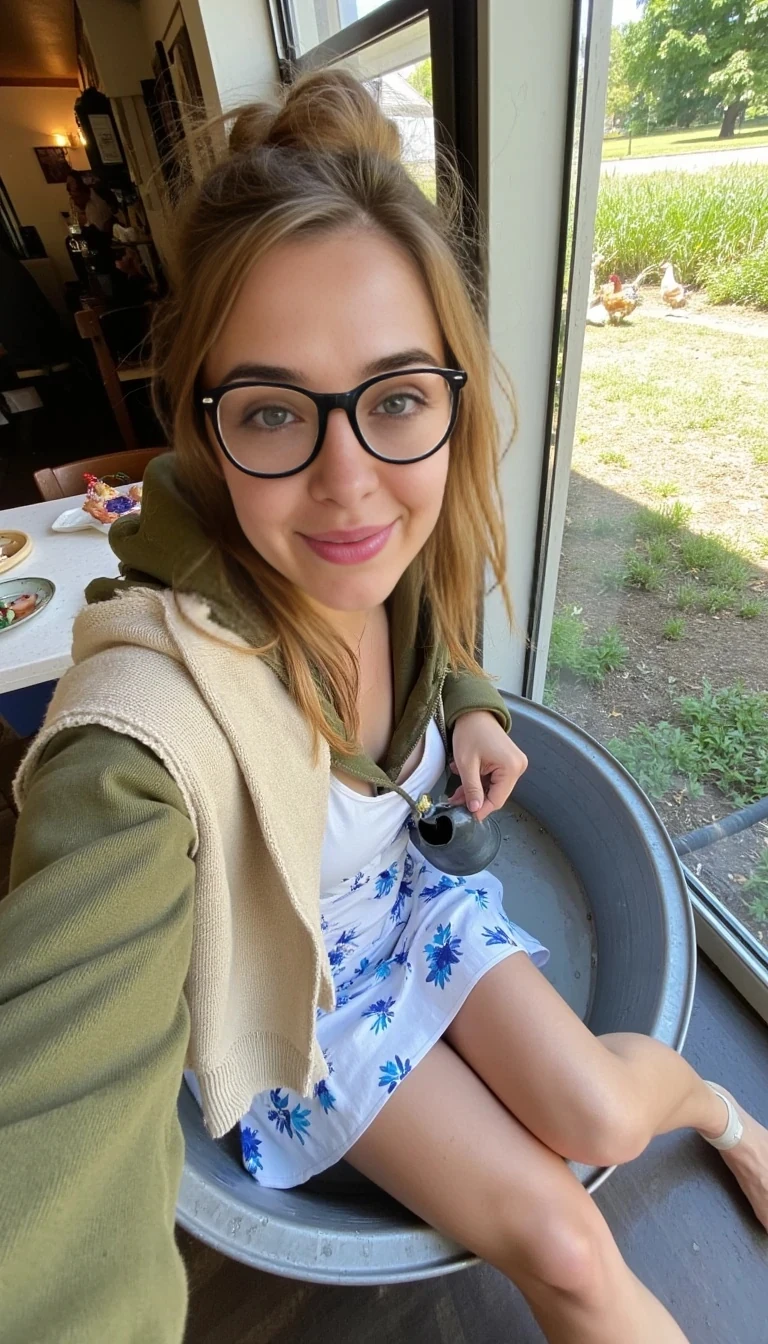 Prompt 1 – Face / Selfie

“Casual daytime selfie of a cute German woman (Saskia Sommer) with light-brown shoulder-length hair, taken inside a bustling café. She’s seated at a corner table by a large window, soft daylight illuminating her fair skin and lightly freckled cheeks. She wears round-frame glasses and a relaxed olive-green hoodie, with one hand curled gently under her chin. Her grey-green eyes sparkle with intelligence and warmth, her smile subtle and natural. Captured with a modern smartphone, shallow depth of field, creamy background blur with faint movement of people behind her, realistic lighting and detail.”


---

Prompt 2 – Full-body (clothed)

“Full-length early morning photo of the same woman standing barefoot in a dewy backyard garden. She wears a flowing knee-length floral wrap dress in soft blue and white, a cozy beige shawl draped loosely over her shoulders. Her hair is in a messy bun, a few strands falling loose. In her left hand she holds a watering can, mid-action, as she tends to a patch of lavender. The light is cool and crisp, with faint mist rising from the grass. Natural skin tones, gentle textures, serene and grounded vibe.”


---

Prompt 3 – OnlyFans / Farm Set

“Cheeky, summery photo of the same woman lounging in a half-filled galvanized tub outdoors, placed under a shady tree at the edge of a wheat field. She wears only a white cropped tank top, wet and clinging, and a wide sunhat pushed back on her head. Her legs dangle over the side of the tub, drops of water on her thighs catching the late-afternoon sun. A wheelbarrow, a coiled garden hose, and chickens pecking in the background add to the candid rural charm. Slightly oversaturated colors, playful and sun-soaked mood, retro vibe with a modern twist.”
