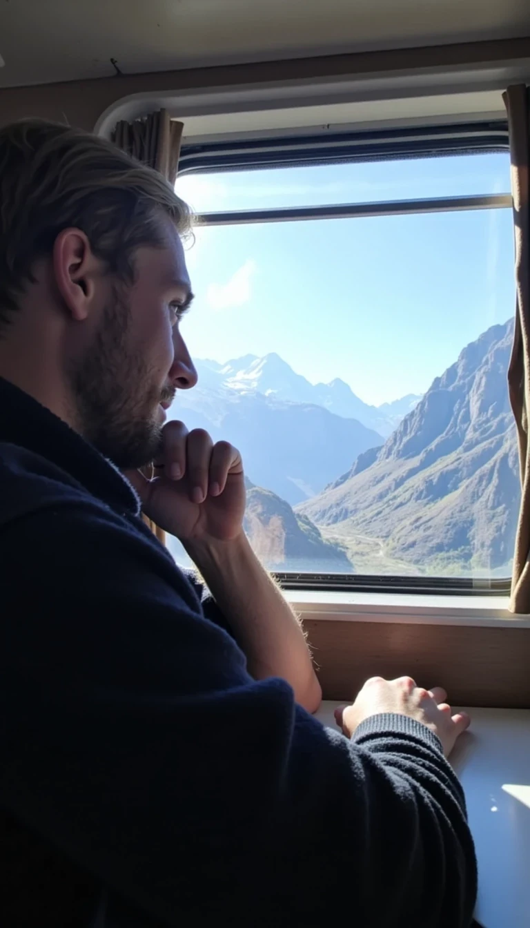A long range low quality snap chat photo of CSTMDL looking out a train window towards the mountains of Switzerland where we can see majority of his body and the camera snapping the photo from the opposite side of the other seats facing him, the weather outside is cold but with the sun shining on the mountains peeks but having coverage of snow at the top of the mountain. he has his chin resting on one of his hands and the elbow on the base of the table with his head turned towards the scenery while the beautiful sunlight shines through the window. 
