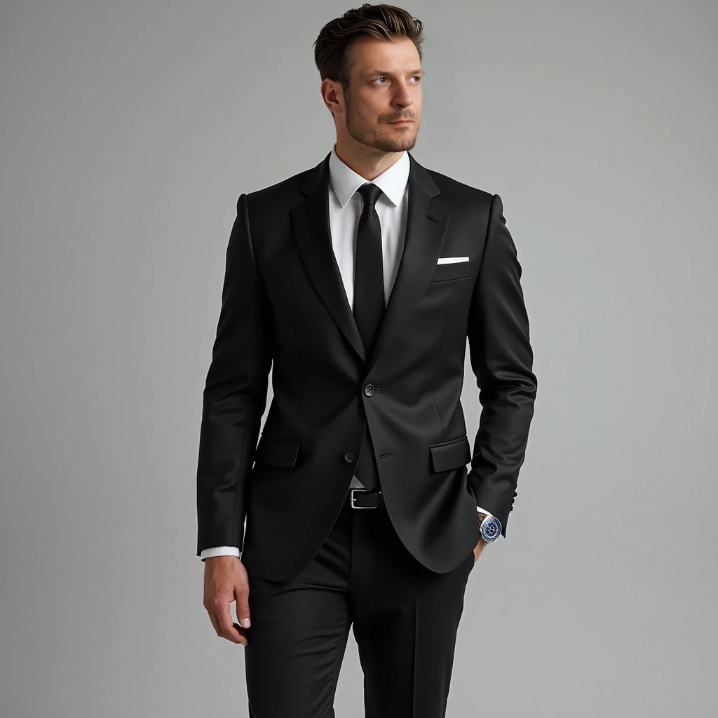 An athletic yet lean build, with broad shoulders and a straight posture that exudes confidence and control. His physique reflects strength and agility, but without excessive bulk, highlighting a man who is fit and ready for action. His tailored suit fits him perfectly, emphasizing his sharp silhouette. The single-breasted black jacket, with a subtle sheen, is paired with a crisp white dress shirt and a slim black tie, radiating sophistication and timeless elegance. The trousers are immaculately cut, elongating his frame and complementing his polished black leather shoes. On his wrist, a sleek Omega Seamaster Diver watch with a blue bezel gleams subtly, adding a modern, luxurious touch. 