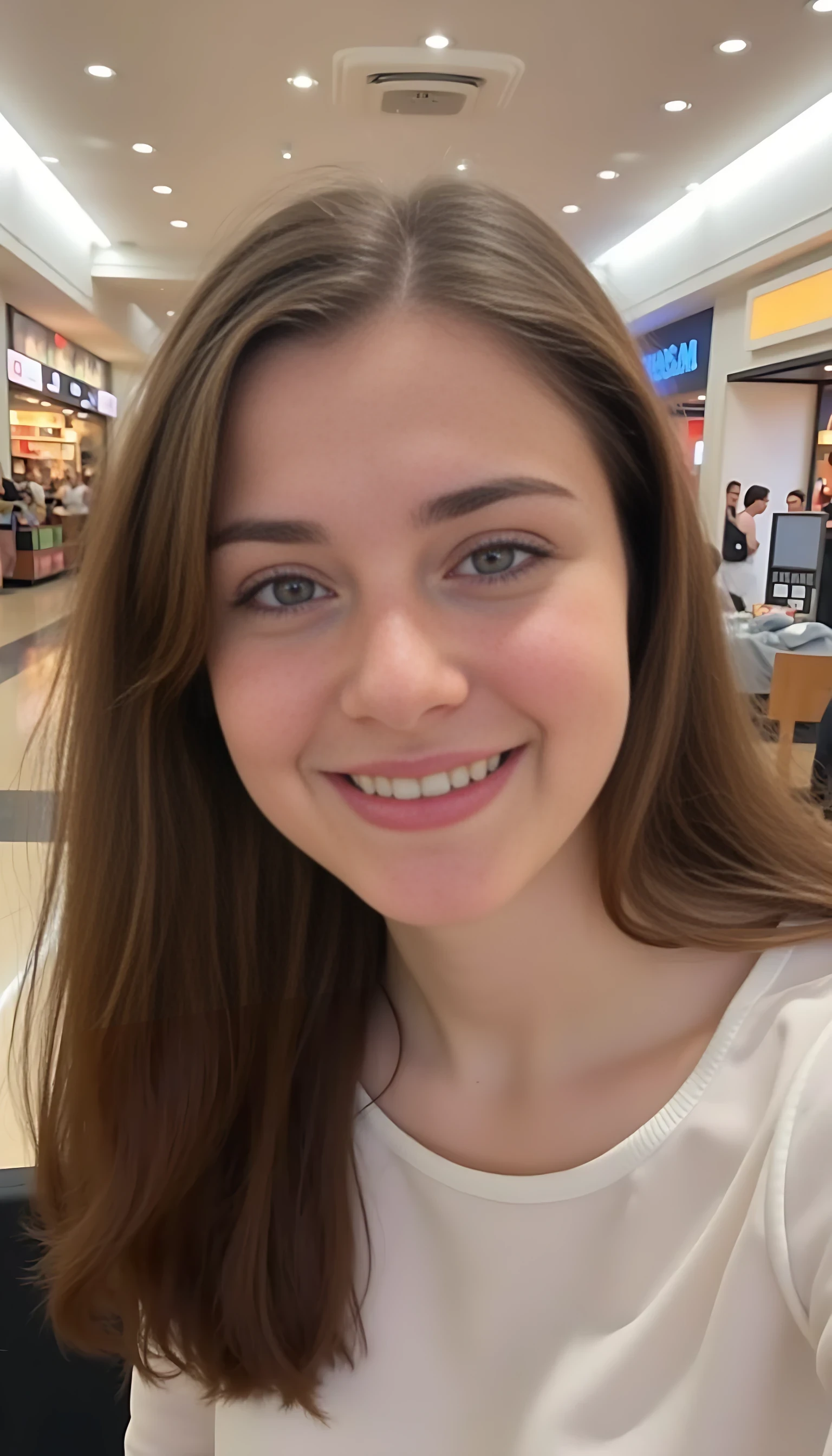 boring low quality snapchat photo circa 2015, average looking woman, soft light brown hair, mall background