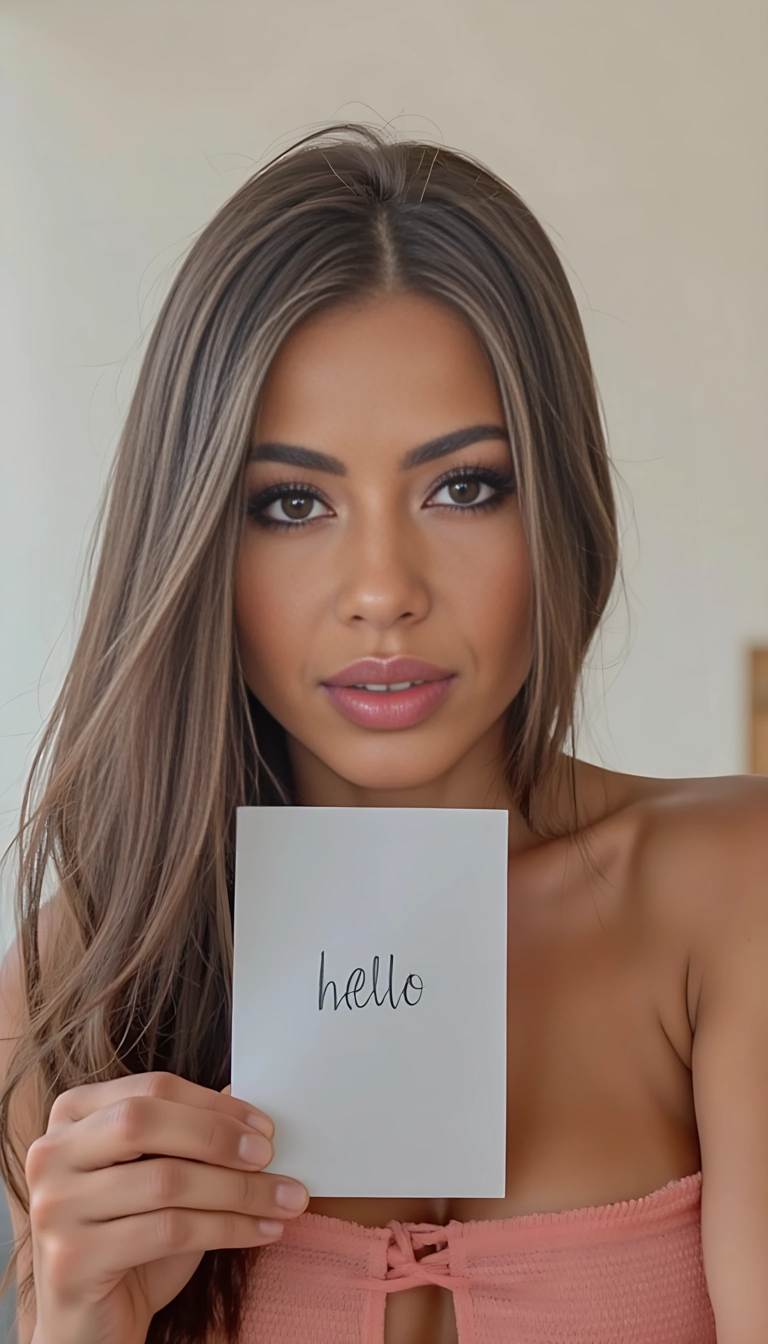 photo of cute woman CSTMDL, boring low quality snapchat photo circa 2015, cute woman, selfie, holding a paper that says “hello” , wall background