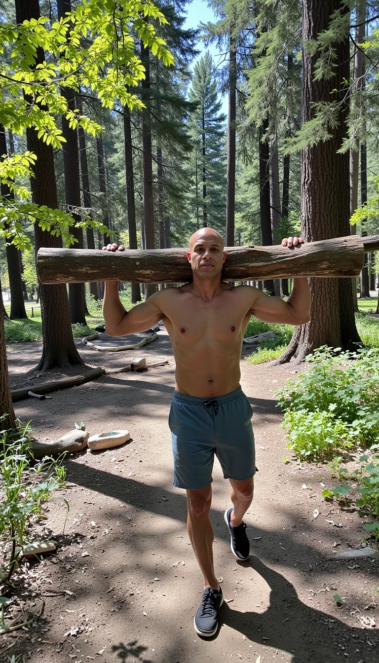 A full body photo of a muscular, cstmdl, aaron, 6feet tall. No shirt. Walking in a forest carrying a heavy log. He’s wearing sneakers and surfer shorts, cstmdl, bald, Aaron’s exact face