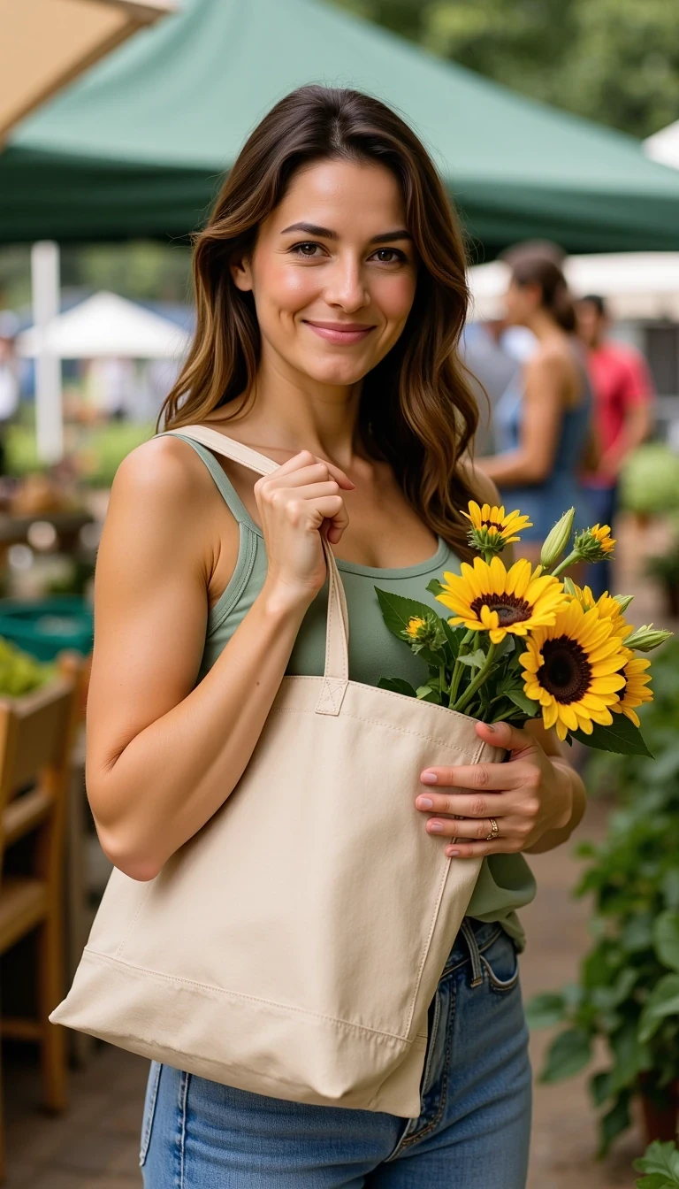 Portrait of woman shopping at a farmer’s market, holding a tote bag with fresh flowers, casual outfit, smiling at camera, CSTMDL woman
