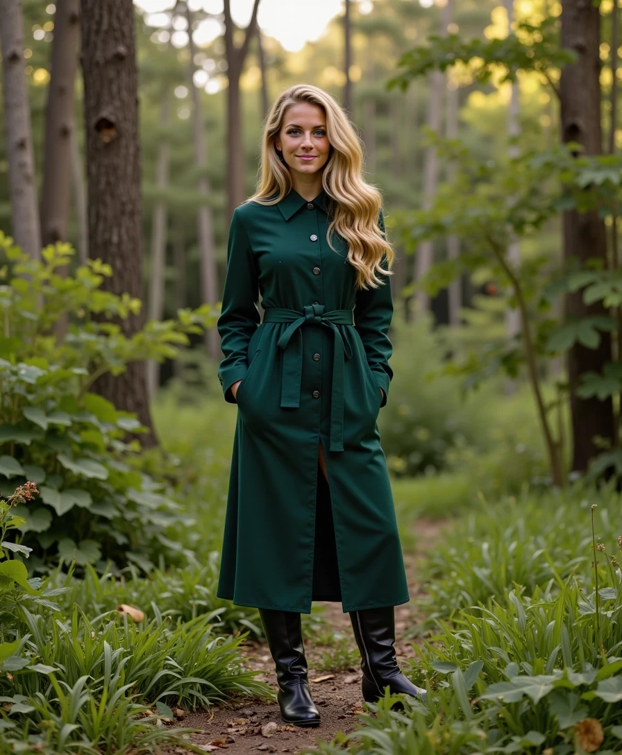 The image is a photograph featuring a young Caucasian woman, CSTMDL, with long, wavy blonde hair, standing in a misty North Carolina forest at dawn. She wears a form-fitting deep emerald coat and boots that hug her curves respectfully, hands in pockets serenely. Her expression is serene, hair glowing in the soft light, with vibrant greenery behind her. Highly detailed, 8K, natural lighting, adventurous nature style with rich greens and browns.
