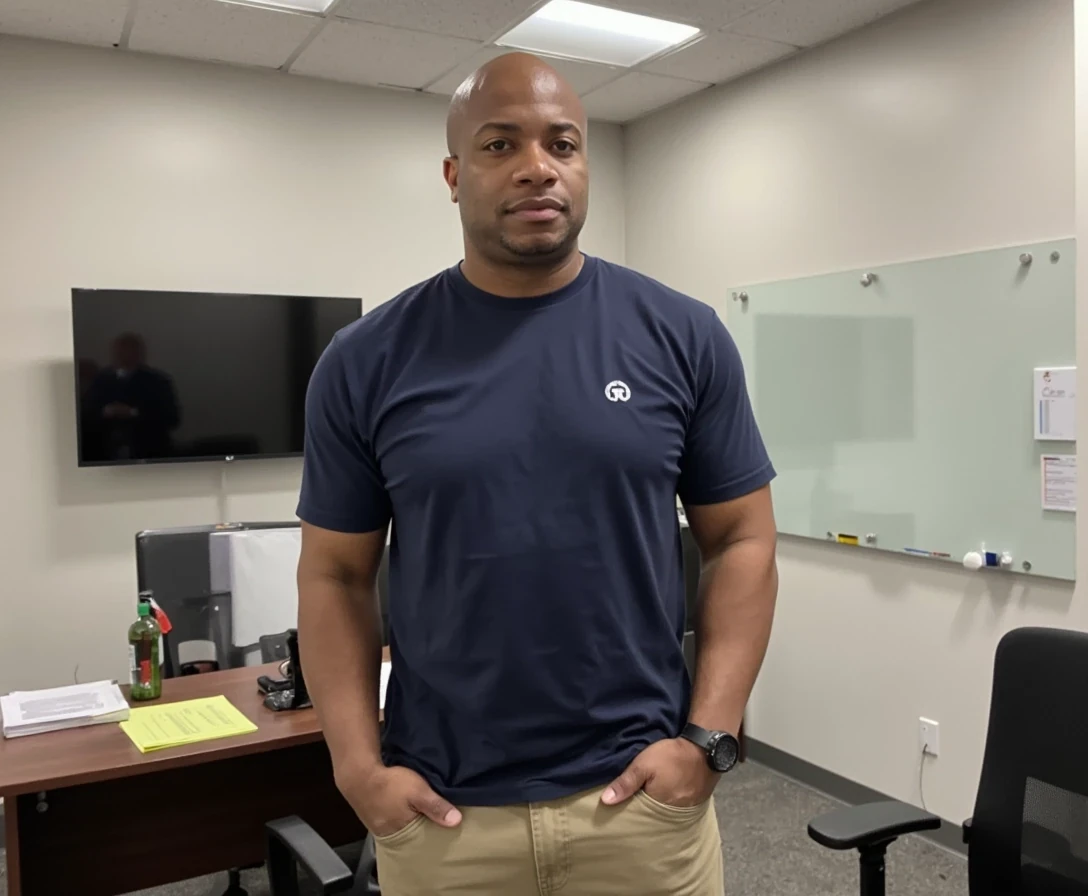 CEO corner suite office , t shirt and khakis,  same face of Carter with bald head, lean look, cstmdl