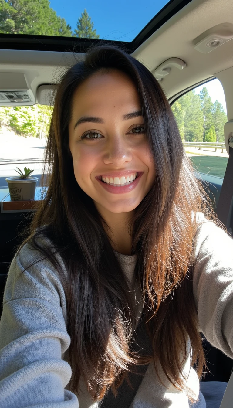 A beautiful young woman with a warm smile, outside in the sunshine. She has long, wavy dark brown hair cascading to her middle. The sunlight casts a gentle glow on her face. The interior of the car is neat and comfortable, with a coffee cup in the cup holder and a small plant on the dashboard. The background shows a scenic road lined with trees and blue skies.