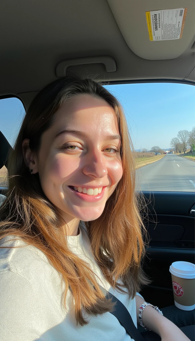 boring low quality snapchat photo circa 2015, A young woman with a warm smile, sitting in the driver's seat of a cozy car. She has soft, wavy brown hair cascading past her shoulders. The sunlight streams through the window, casting a gentle glow on her face. The interior of the car is neat and comfortable, with a coffee cup in the cup holder and a small plant on the dashboard. The background outside the window shows a scenic road lined with trees and blue skies