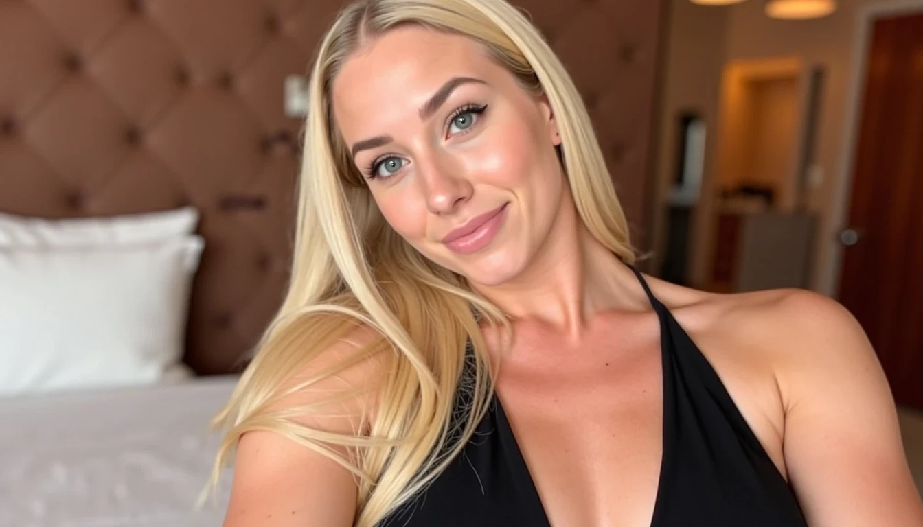 Photo of woman CSTMDL,blonde,she should have Ava addams body, she should have massive boobs, her boobs should be perfectly shaped, she should be filming only fans content, she should be posing naked 