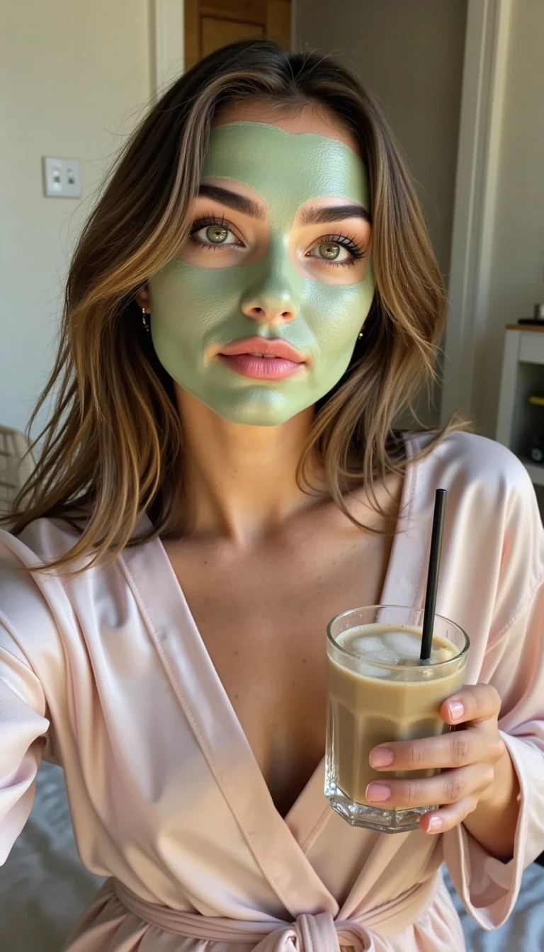 Boring low quality snapchat photo circa 2015 photo of Young CSTMDL woman with long hair, soft feminine features, striking green eyes, and an hourglass figure. She is sitting casually in bed, wearing a comfortable silk robe with a hydrating skincare mask on her face. In one hand, she is holding a clear glass of iced matcha latte with a straw, the other hand extended to take a casual selfie from above. Lighting is soft, natural daylight, creating a cozy morning atmosphere. The photo should feel authentic, playful, and intimate, as if she’s sharing a personal self-care moment directly with her followers
