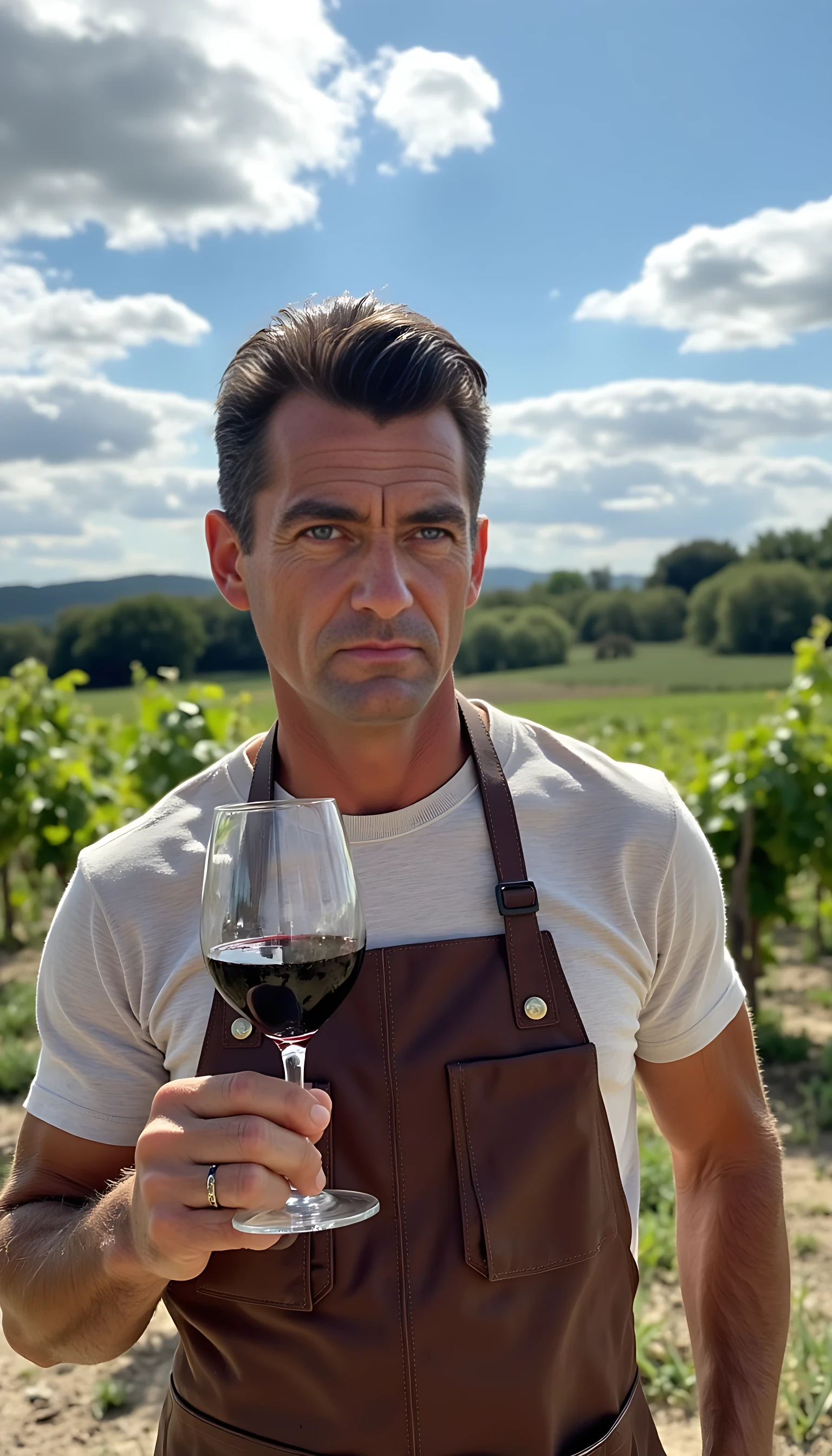 photo is taken in 2020. It's an 8k high quality photo of man CSTMDL, in his forties, black hair with some white hairs due to age, blue eyes. He's holding a glass of red wine in front of his french wineyard situated in Burgundy. He's proud of his product and is wearing some simple winemaker attire with a brown leather apron. He's well built, quite muscular and athletic for his age. he looks like a man youcan't mess with. 