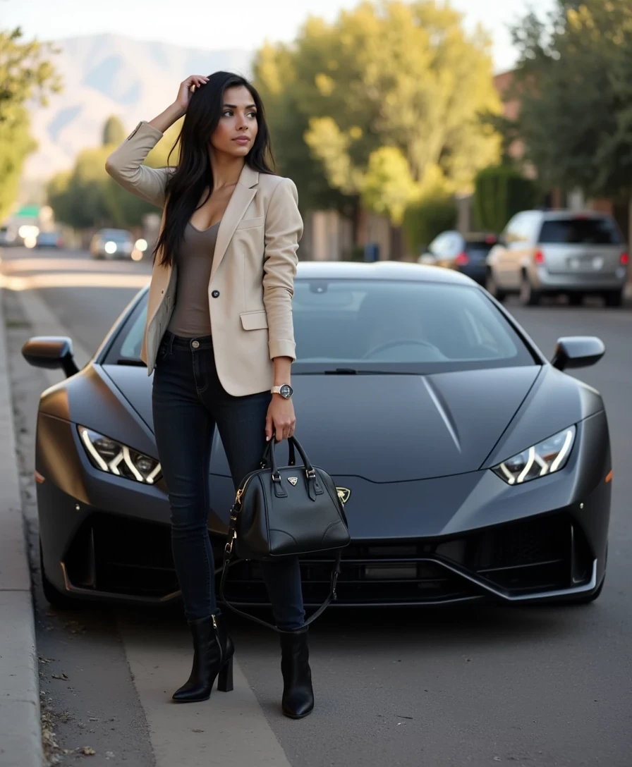 A cinematic iPhone-style photograph of a stunning CSTMDL woman captured outdoors in soft early-morning light. She’s beside a sleek matte-black Lamborghini Huracán parked on a modern city street, with faint mountains in the background hinting at Denver. She’s wearing a fitted cream blazer over a neutral top, dark jeans, and high-heeled boots. A designer handbag rests casually near her as she adjusts her hair with one hand and glances off-camera with quiet confidence. The scene feels candid, as if taken moments before she steps into the car on her way to a photoshoot. Warm natural light, realistic reflections on the car’s surface, cinematic yet believable influencer-style atmosphere.
–no airbrushed skin, no studio glamour lighting, no plastic shine, no distorted anatomy, no exaggerated proportions.