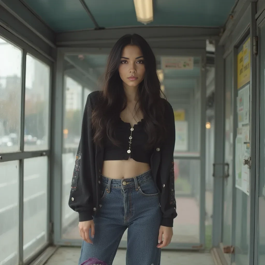 a woman with long black hair wearing a cropped top and jeans standing in front of the bus stop