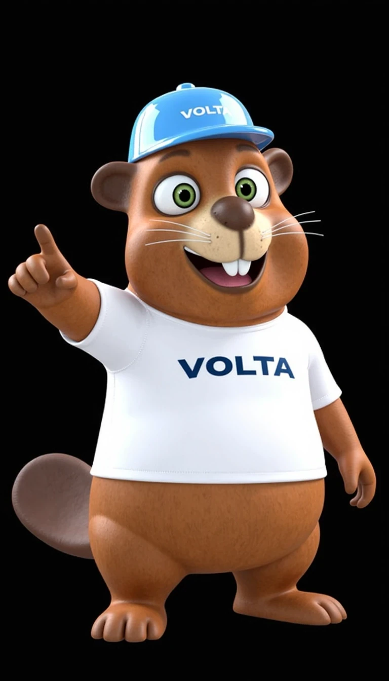 Selfie of of  CSTMDL, A cheerful, cartoon-style beaver character. The beaver has a plump, rounded body, covered in a rich, brown fur texture that highlights its friendly appearance. The beaver has a clean, high-definition face. Its cheeks are oval and chubby. The beaver has his eyes wide open. The large, expressive eyes are framed by short whiskers, enhancing its animated personality. The height of beaver is approximately 70 centimeters.

Sharp focus on facial features, High dynamic range, 80mm lens look

It wears a crisp white t-shirt emblazoned with the logo 'VOLTA' in bold letters, suggesting an energetic and playful branding. On its head, it sports a light blue baseball cap. The beaver's stance is dynamic, with one paw raised in an inviting gesture, suggesting friendliness and approachability. The lighting is focused and bright, casting soft shadows that emphasize the character's form, enhancing the three-dimensional feel. The overall composition is centered, allowing the character to be the focal point, while the simplicity of the black background ensures there are no distractions, maintaining the viewer's attention on the beaver itself. The beaver is pointing to the left. His entire body is turned in the direction of the finger. But his eyes are focused directly on the camera.