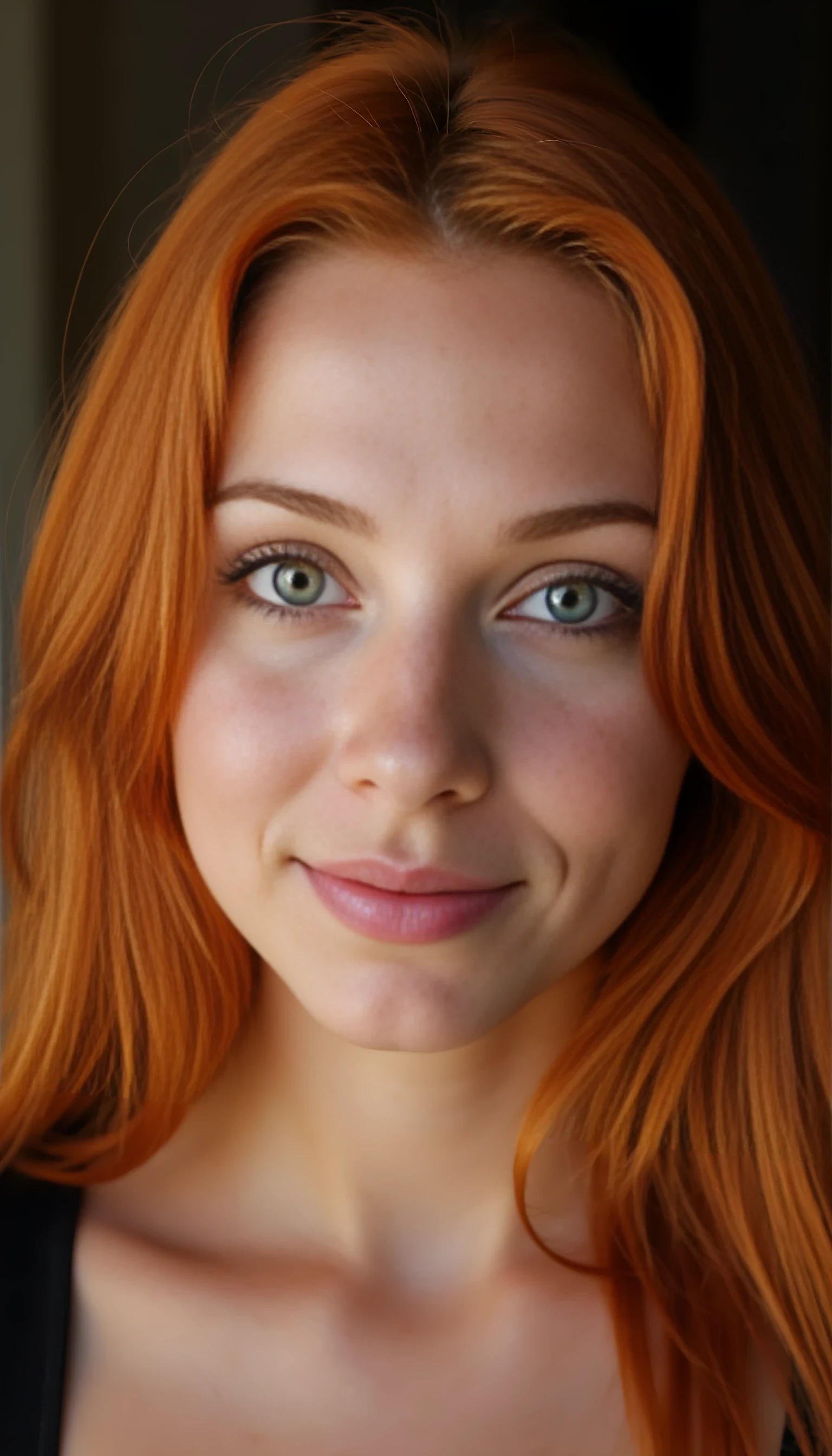 A portrait photo of a beauty model 20 years old woman, mixed ethnicity of half white American half Brazilian, with red hair, ultra detailed eyes with sharp iris reflections, slight smile, studio high-quality