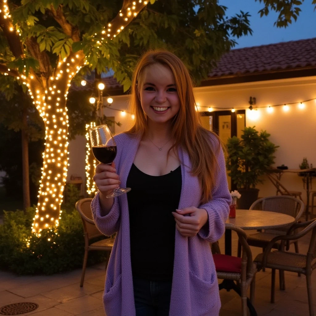 A full body shot photo of a woman standing outdoors at a cozy, warmly lit patio in the evening, with soft, glowing lights wrapped around a tree behind them creating a charming atmosphere. The image is rich in detail, with warm tones and clear textures throughout. The woman has fair skin, a slim build, and long reddish-blonde hair, also worn loose. She is smiling warmly at the camera, holding a glass of red wine in her right hand, and wears a soft-textured lavender cardigan over a black top. The background features a large tree with sparkling string lights wrapped around its trunk and branches, adding a magical touch to the scene. The setting suggests a private outdoor seating area, with elements like terracotta-tiled roofing, greenery, and rattan chairs contributing to a serene, inviting vibe. The overall composition is balanced, with the woman framed against the softly glowing tree, and the lighting enhances the warm, intimate feel of a quiet evening shared among friends. The details are vivid, with textures of clothing, skin, and background elements clearly visible, while the warm lighting creates a relaxed and joyful mood