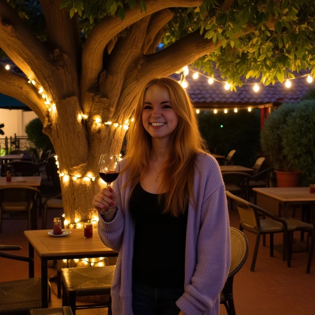 A full body shot photo of a woman standing outdoors at a cozy, warmly lit patio in the evening, with soft, glowing lights wrapped around a tree behind them creating a charming atmosphere. The image is rich in detail, with warm tones and clear textures throughout. The woman has fair skin, a slim build, and long reddish-blonde hair, also worn loose. She is smiling warmly at the camera, holding a glass of red wine in her right hand, and wears a soft-textured lavender cardigan over a black top. The background features a large tree with sparkling string lights wrapped around its trunk and branches, adding a magical touch to the scene. The setting suggests a private outdoor seating area, with elements like terracotta-tiled roofing, greenery, and rattan chairs contributing to a serene, inviting vibe. The overall composition is balanced, with the woman framed against the softly glowing tree, and the lighting enhances the warm, intimate feel of a quiet evening shared among friends. The details are vivid, with textures of clothing, skin, and background elements clearly visible, while the warm lighting creates a relaxed and joyful mood