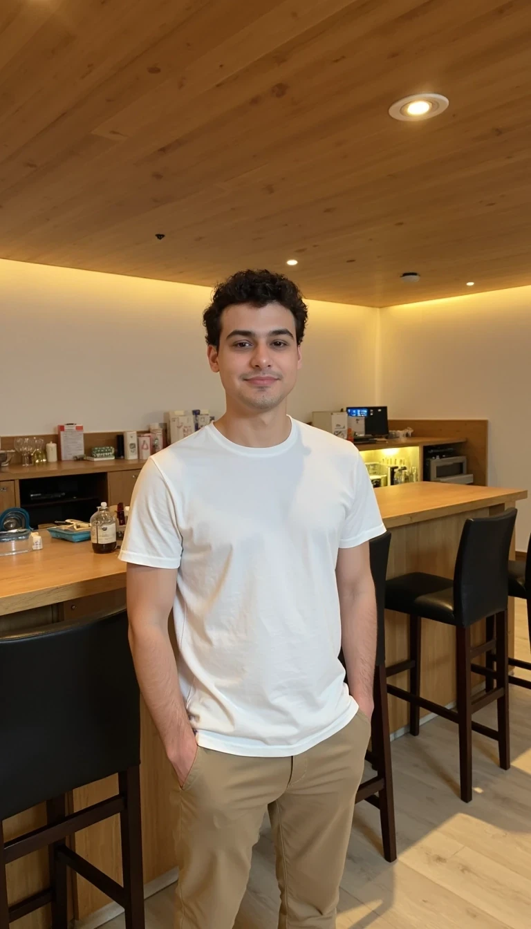 boring low quality snapchat photo of handsome 20 year old man with beautiful hair smiling, CSTMDL, POV inside a minimalist bar with sleek wooden décor. A man stands near a tall table, wearing a tucked-in white tee and light brown trousers, hands in pockets. Expression is calm and composed, warm overhead lighting, soft ambient mood.