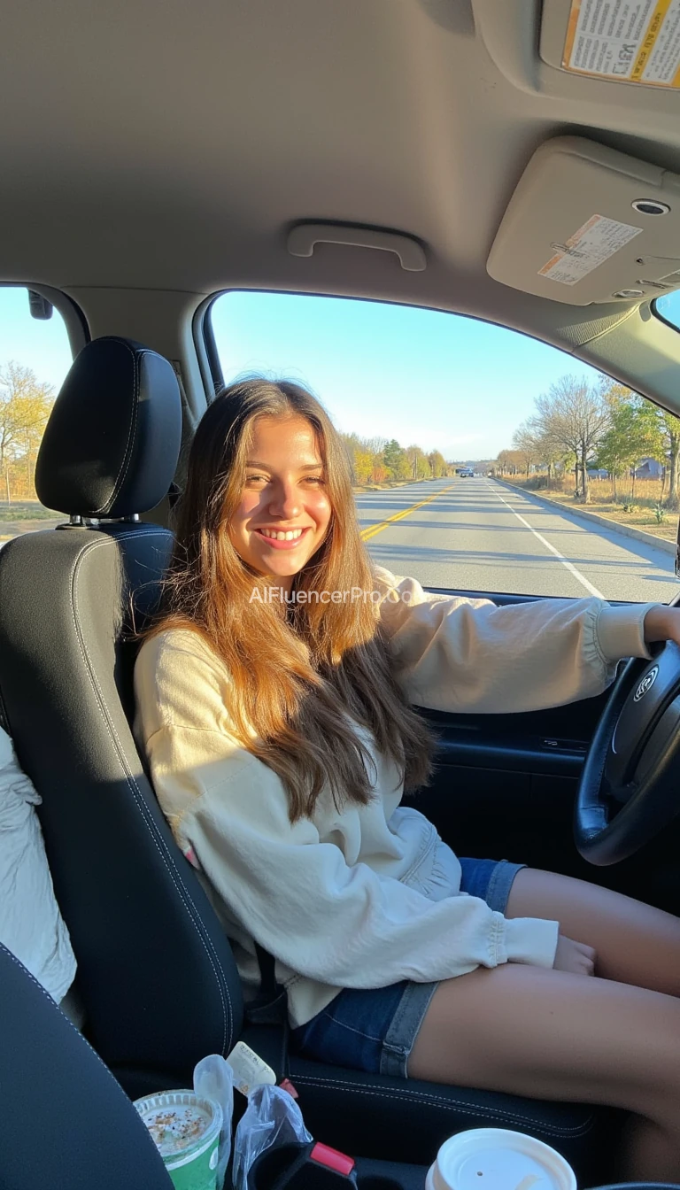 boring low quality snapchat photo circa 2015, A young woman with a warm smile, sitting in the driver's seat of a cozy car. She has soft, wavy brown hair cascading past her shoulders. The sunlight streams through the window, casting a gentle glow on her face. The interior of the car is neat and comfortable, with a coffee cup in the cup holder and a small plant on the dashboard. The background outside the window shows a scenic road lined with trees and blue skies