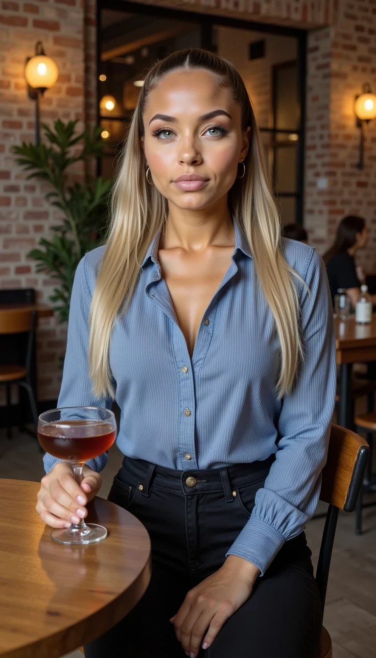 Medium full shot of CSTMDL.  
A young woman with long ash-blonde hair worn loose in soft waves, bright green almond-shaped eyes, and fair smooth skin, extremely detailed skin texture. She is 4.9 inches tall, clean face. In picture is girl's body from thighs up to her hair fully visible. She has a massive natural F-cup boobs with little bit of sagginess, the body has a highly defined hourglass shape, the waist is very narrow at around 23–24 inches, creating a noticeable inward curve from the ribs to the hips, the hips measure about 38–40 inches, smoothly widening from the waist into full, rounded curves. The abdomen is flat with light vertical muscle tone visible, showing definition but not bulk. The thighs are long and lean with subtle muscle definition, and the calves are slim and taper naturally. The arms are slender and lightly toned with soft outlines of the upper arms and shoulders (deltoids). The skin appears evenly smooth and photorealistic.  Sharp focus on facial features, High dynamic range, 85mm lens look.


The subject is seated casually at a rustic wooden table in a warmly lit café, holding a cocktail glass with a dark beverage elegantly in her right hand. She is wearing an oversized vertically striped blue shirt paired with high-waisted vintage black jeans, the relaxed fit modestly covering her body while still defining her narrow waist and curvy hips. The shirt drapes loosely over her shoulders and chest, giving her a modern, stylish look.  

The environment features exposed brick walls, rustic wooden furniture, and a unique spherical light fixture overhead, with hints of greenery and festive decorations in the background. Warm atmospheric lighting fills the café, casting soft diffused highlights and gentle shadows across her face and body, creating a cozy and inviting mood.  

Style: Photorealistic  
Lighting: soft warm ambient café light, evenly diffused with natural glow  
Composition: Medium full shot, straight-on angle, balanced framing  
Details: Extremely high detail, Instagram lifestyle aesthetic, 4K
