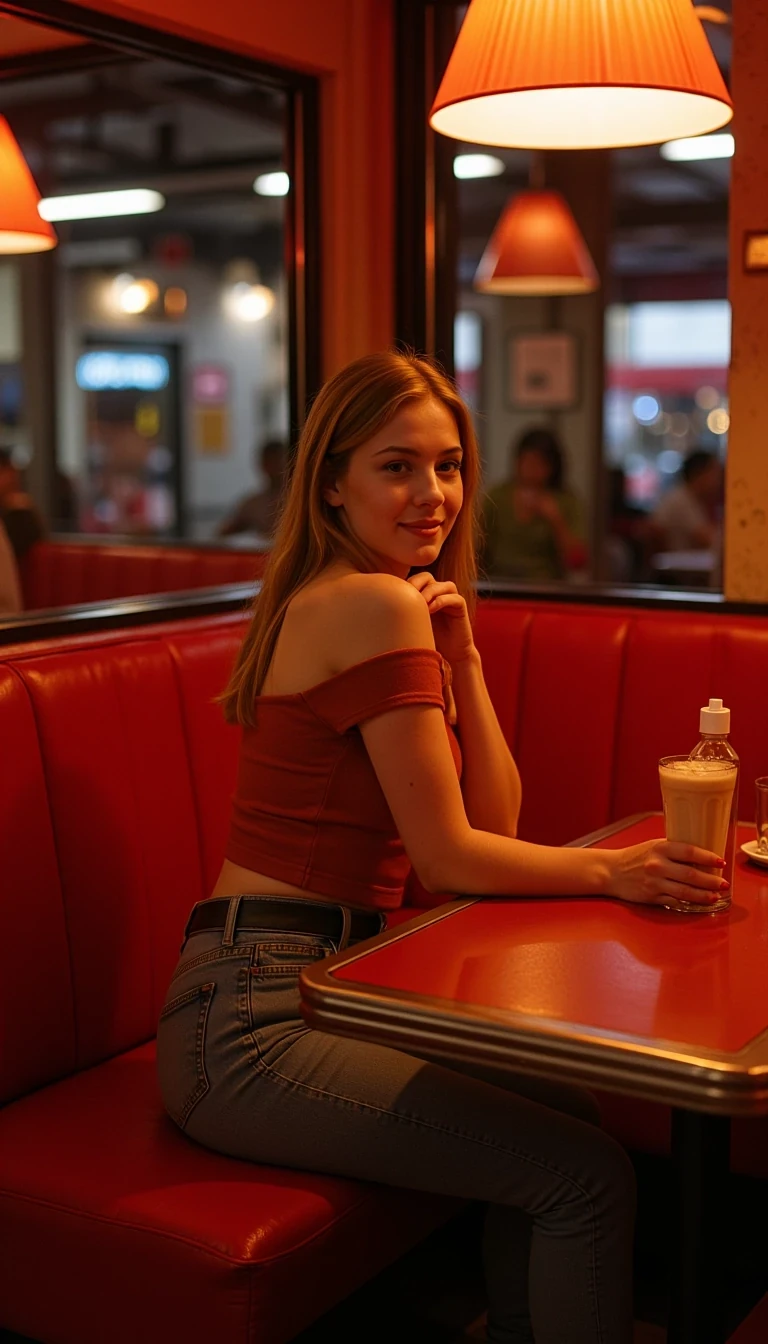 A moody, grainy photo of CSTMDL sitting in a red leather booth at a neon-lit American-style diner at night. She’s wearing a tight off-shoulder top and high-waisted jeans with a belt, a tall milkshake glass on the table, staring playfully into the camera. a ketchup bottle and napkin holder in frame. Slight overexposure from neon lights makes it feel real. boring low quality snapchat image circa 2015. no plates on the table and NO TEXT ANYWHERE