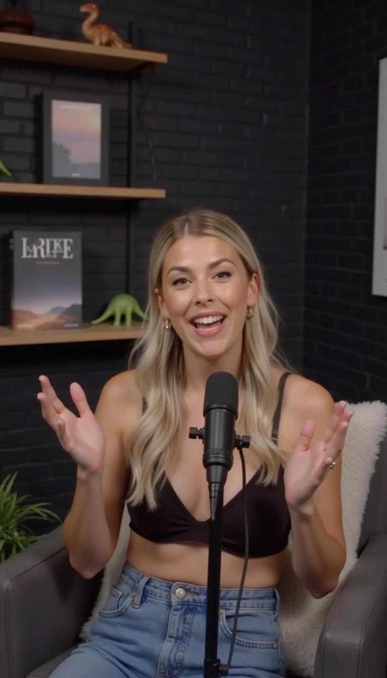A woman with blonde hair pulled back, is speaking into a microphone. The background features a dark brick wall and a shelf with books and decorative items, including a small dinosaur figure and a picture of a serene landscape on a book cover. The setting appears to be a cozy, modern podcast studio with soft lighting. She is wearing a denim jeans and a bra. You can see her full body as she sits in a chair. You can see her full body in the photo. She is holding a microphone in each of her hands.