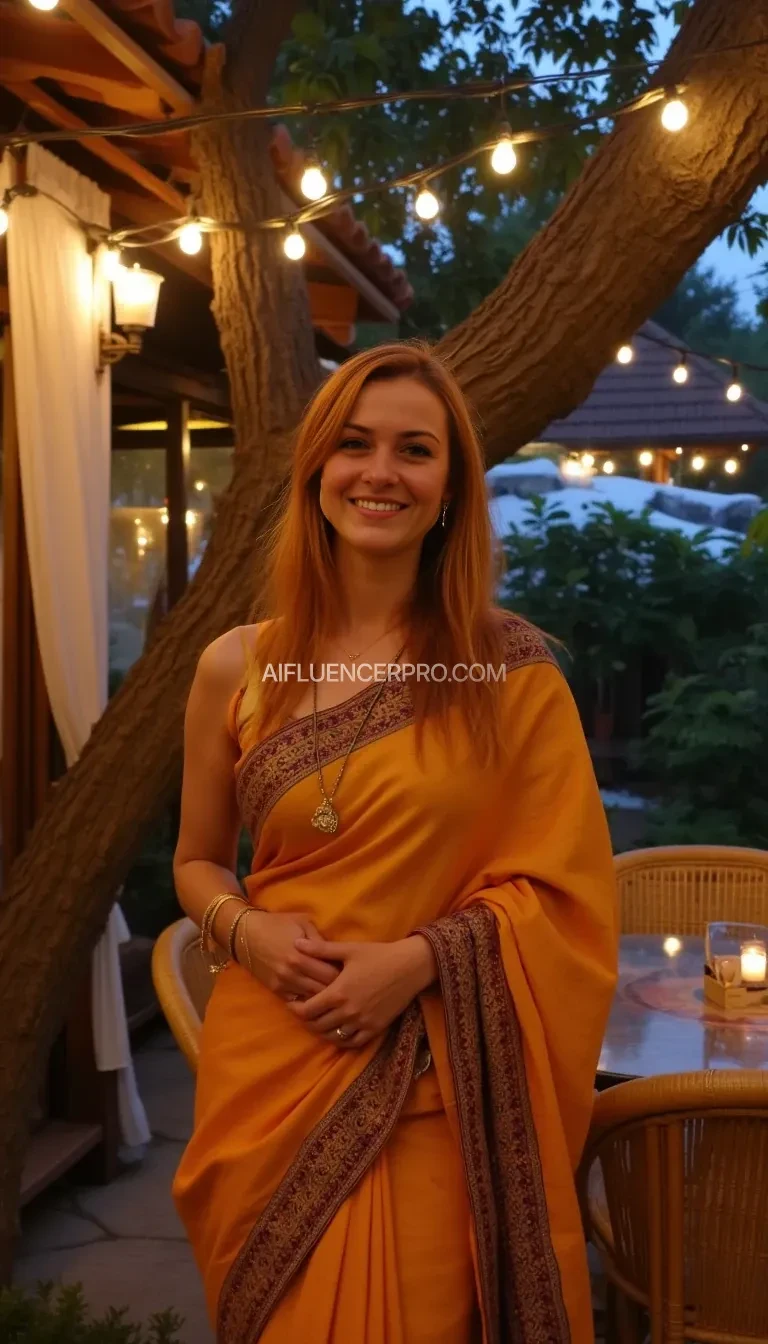 A full body shot photo of a woman , standing outdoors at a cozy, morning. The image is rich in detail, with warm tones and clear textures throughout. The woman is Indian, has fair skin, a slim build, and long reddish-blonde hair, also worn loose. She is smiling warmly at the camera, and wears half saree but her chest is open, not clothes on her chest. The background features snow terrain, adding a magical touch to the scene. The setting suggests a private outdoor seating area, with elements like terracotta-tiled roofing, greenery, and rattan chairs contributing to a serene, inviting vibe. The overall composition is balanced, with the woman framed against the softly glowing tree, and the lighting enhances the warm, intimate feel of a quiet evening shared among friends. The details are vivid, with textures of clothing, skin, and background elements clearly visible, while the warm lighting creates a relaxed and joyful mood