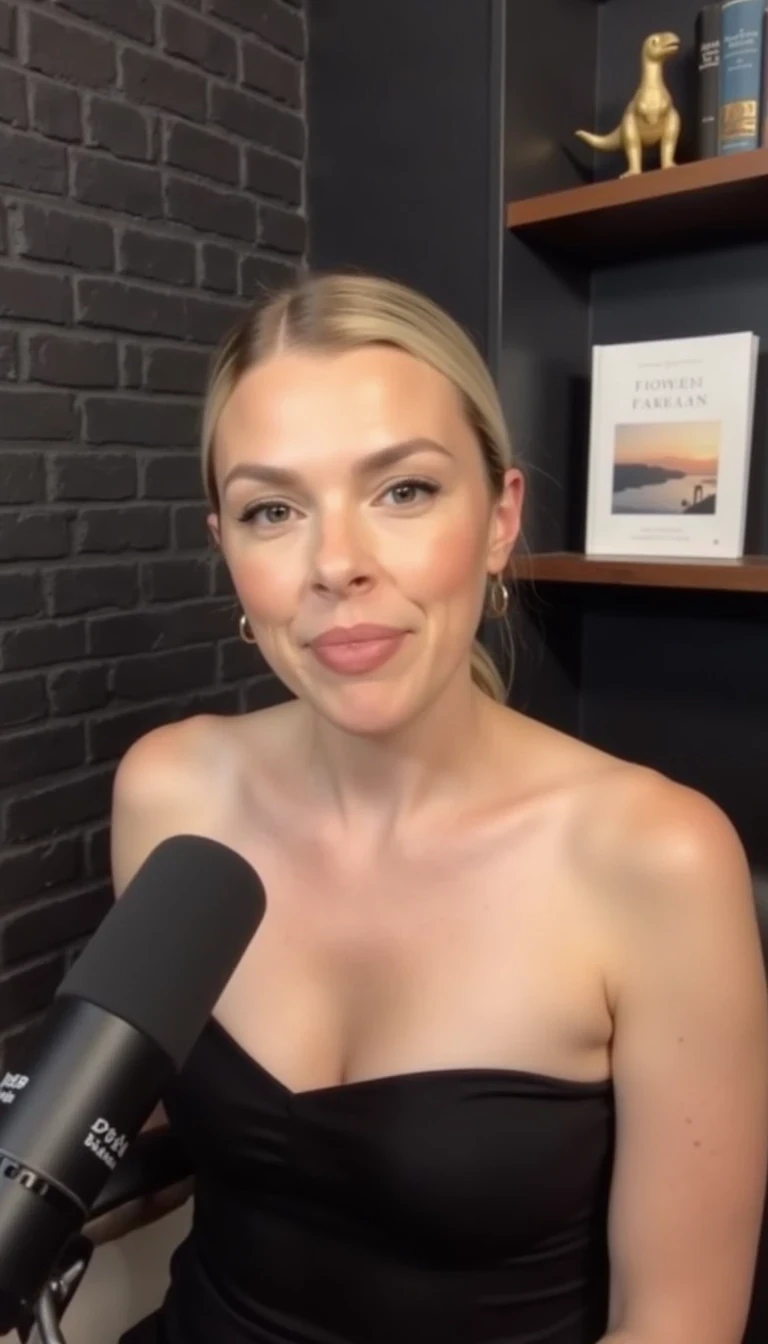 A woman with blonde hair pulled back, is speaking into a microphone. The background features a dark brick wall and a shelf with books and decorative items, including a small dinosaur figure and a picture of a serene landscape on a book cover. The setting appears to be a cozy, modern podcast studio with soft lighting. She is wearing a black strapless tube top. You can see her full body as she sits in a chair.