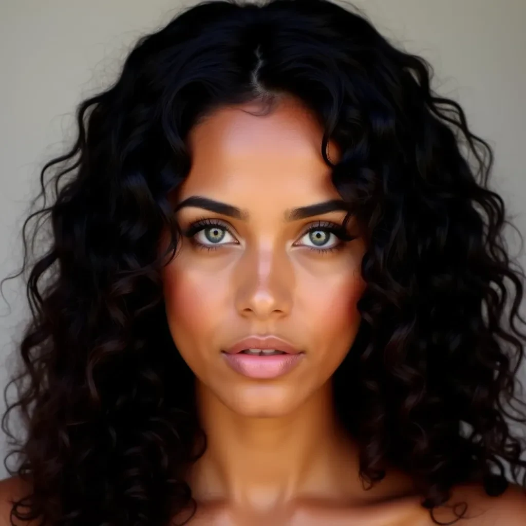 Brazilian female with long curly black hair and carmel skin tone. Blue eyes clear skin and an oval shaped face similar to jessica alba. 