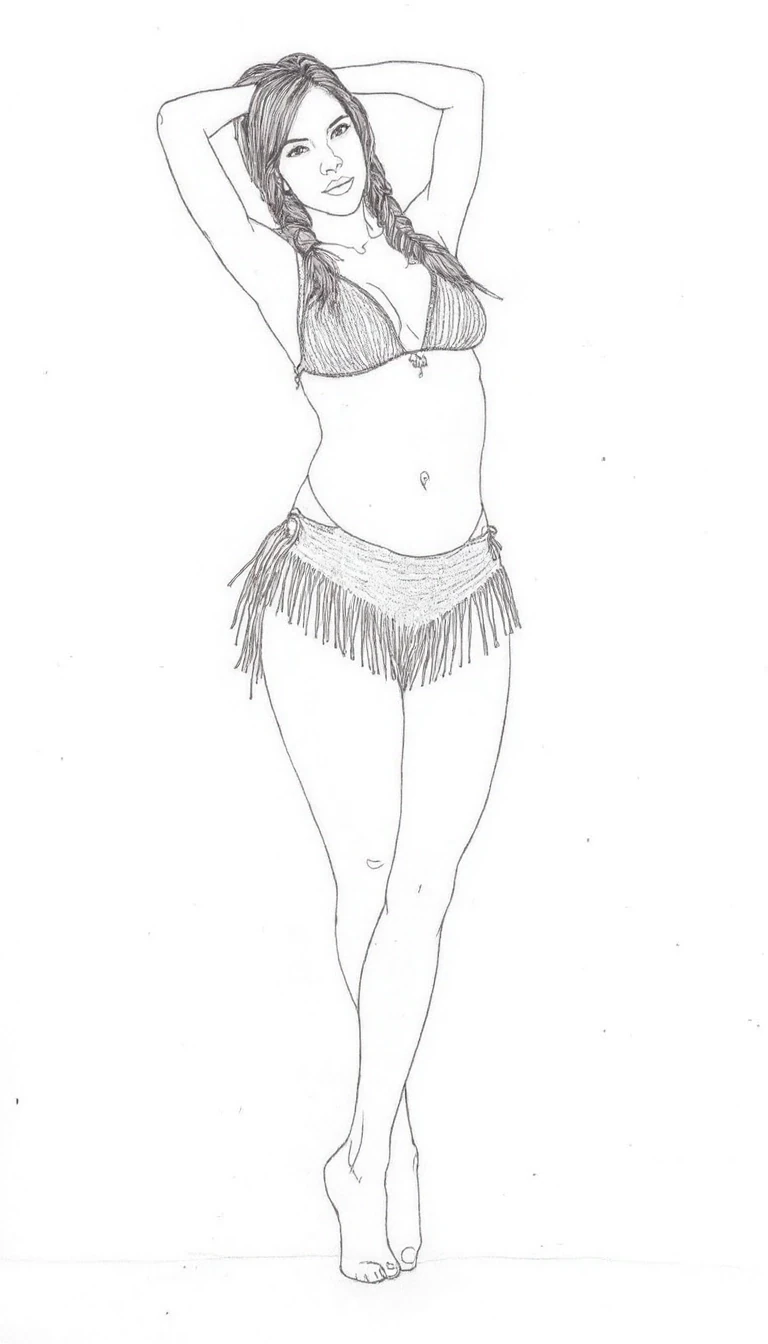A black and white line drawing of CSTMDL a slim adult native American woman, slim athletic build, small breasts, she has native American style hair in two long braids, white background, she is posing seductively, she is wearing a leather fringe bikini, her bikini top is open cup with long fringes her nipples visible though the fringes, she is wearing a leather fringe skirt with fringes that hang down to her ankles, she is making intense eye contact with the camera, Hyper-realistic, clear bold line drawing, highly detailed, highly accurate, 
