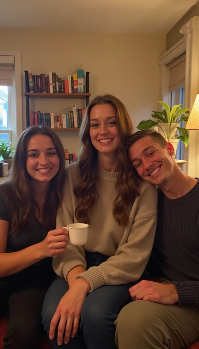 A low-quality Snapchat-style photo from around 2015, capturing a young woman with a warm smile sitting on a cozy couch at home, accompanied by a friend and a male friend beside her. She has soft, wavy brown hair cascading past her shoulders, and the lighting in the room is warm and soft, giving a relaxed and comfortable vibe. The friends are smiling and laughing, with one of them holding a cup of coffee or tea. The background shows a cozy living room setting with personal touches like books on a shelf, a blanket draped over the couch, and a few plants by the window. The atmosphere is casual and intimate, capturing the warmth of a friendly gathering at home.