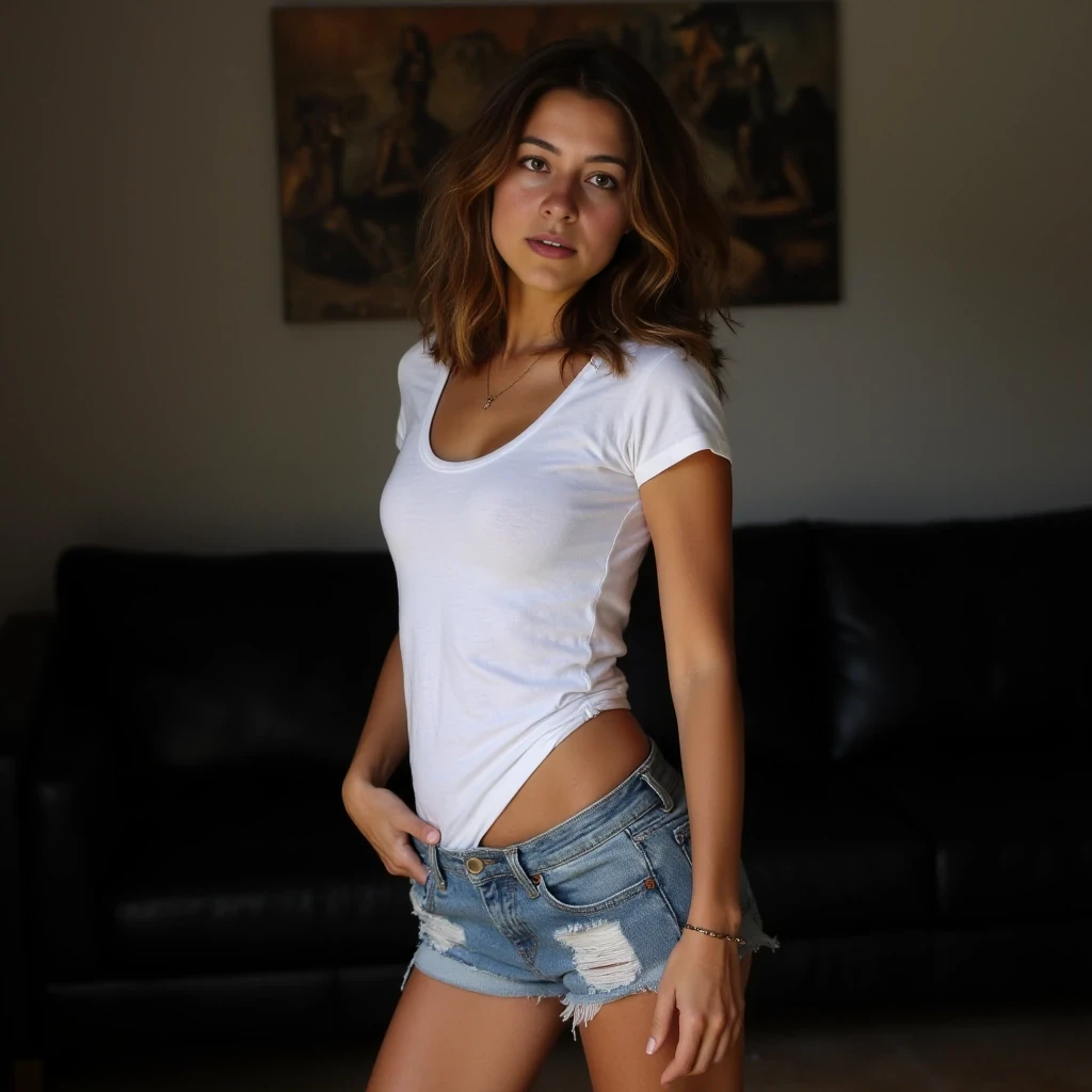 A full body shot of a 25 years old tanned Spanish woman with very small perky tits, small waist, regular hips, and medium length wavy soft brown hair, wearing a very tight white t-shirt, without bra, jeans shorts, an anklet, and open sandals. Posed leaning forward with a slight side turn, head tilted left, sad gaze, indoors with a blurred background featuring a dark couch and wall art. Small tits. 