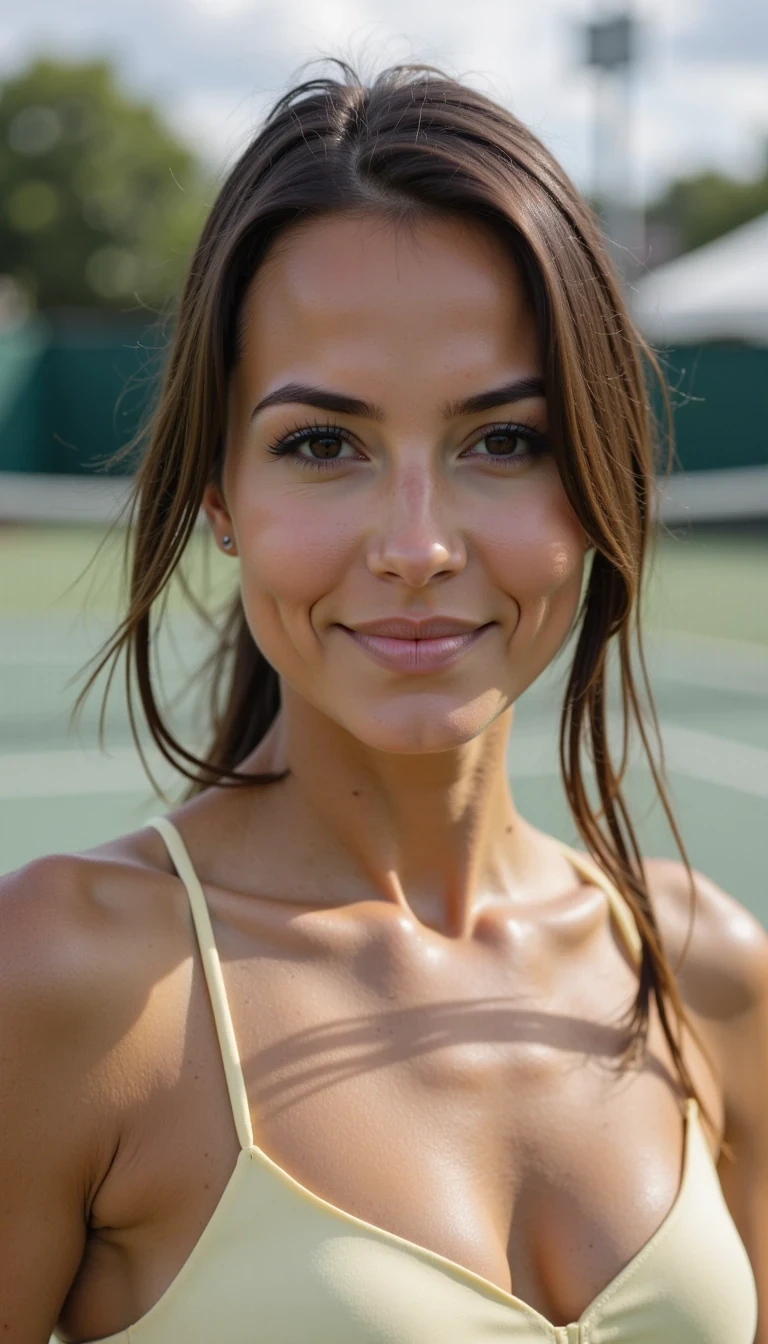  Medium close up Photoshoot of CSTMDL woman in tennis court doing stylish photoshoot